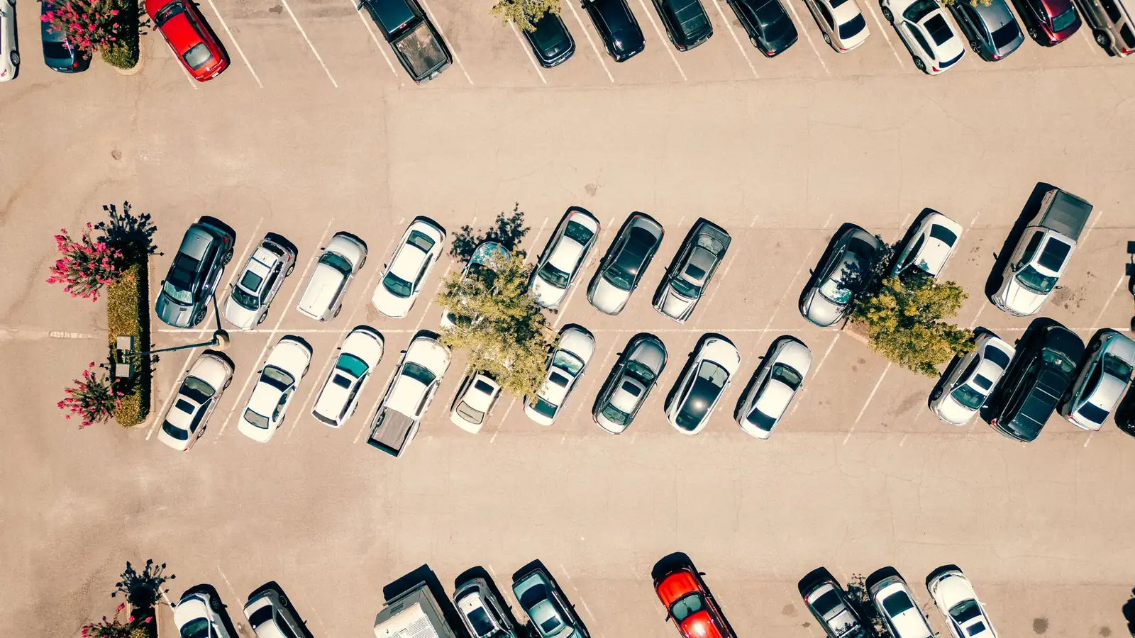 Voller Parkplatz an einem sonnigen Tag von oben – Valet oder Shuttle am Flughafen Stuttgart
